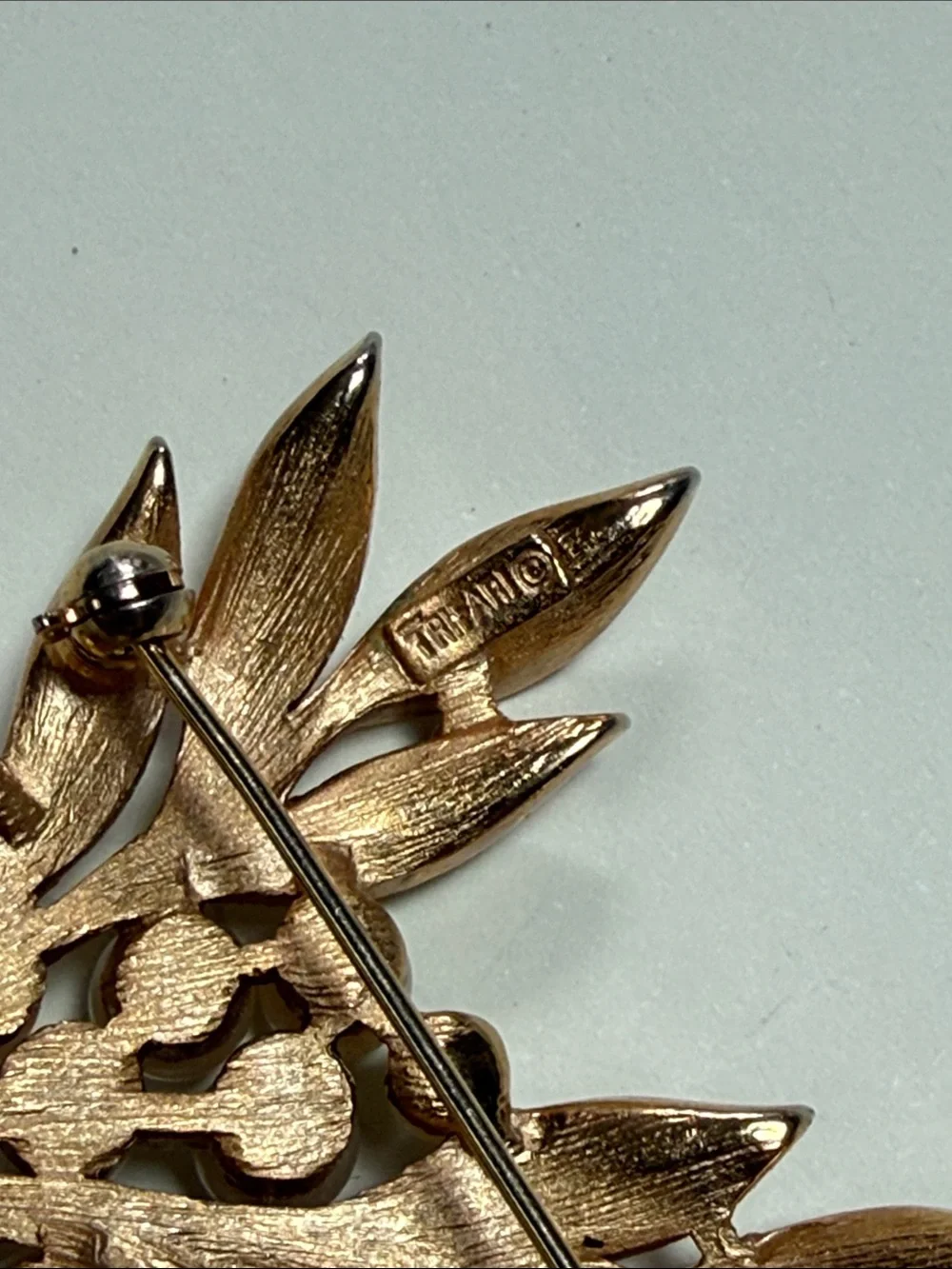 Vintage Crown Trifari Goldtone and Faux Pearl Leaf Brooch